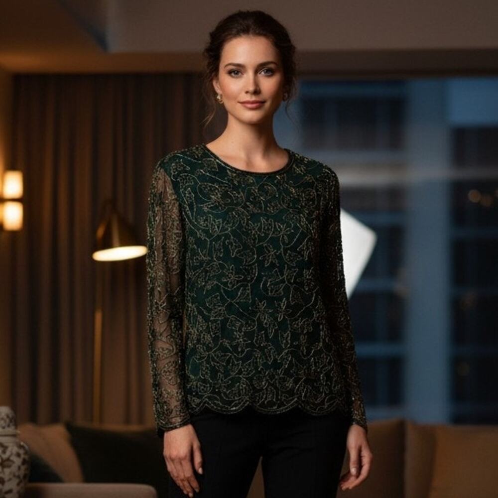 Vintage Stenay Green Allover Floral Beaded Long Sleeve Top Women's Size Large
